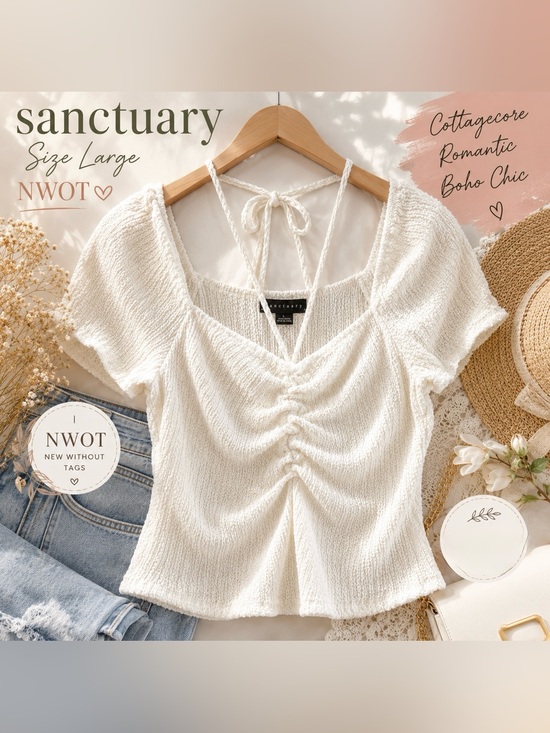 Sanctuary Tops - Sanctuary White Textured Ruched Top Size Large NWOT Cottagecore Boho
